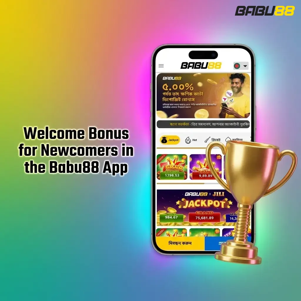 Babu88 app welcome bonus for newcomers showing 100% match up to 12,000 BDT for sports and casino offers