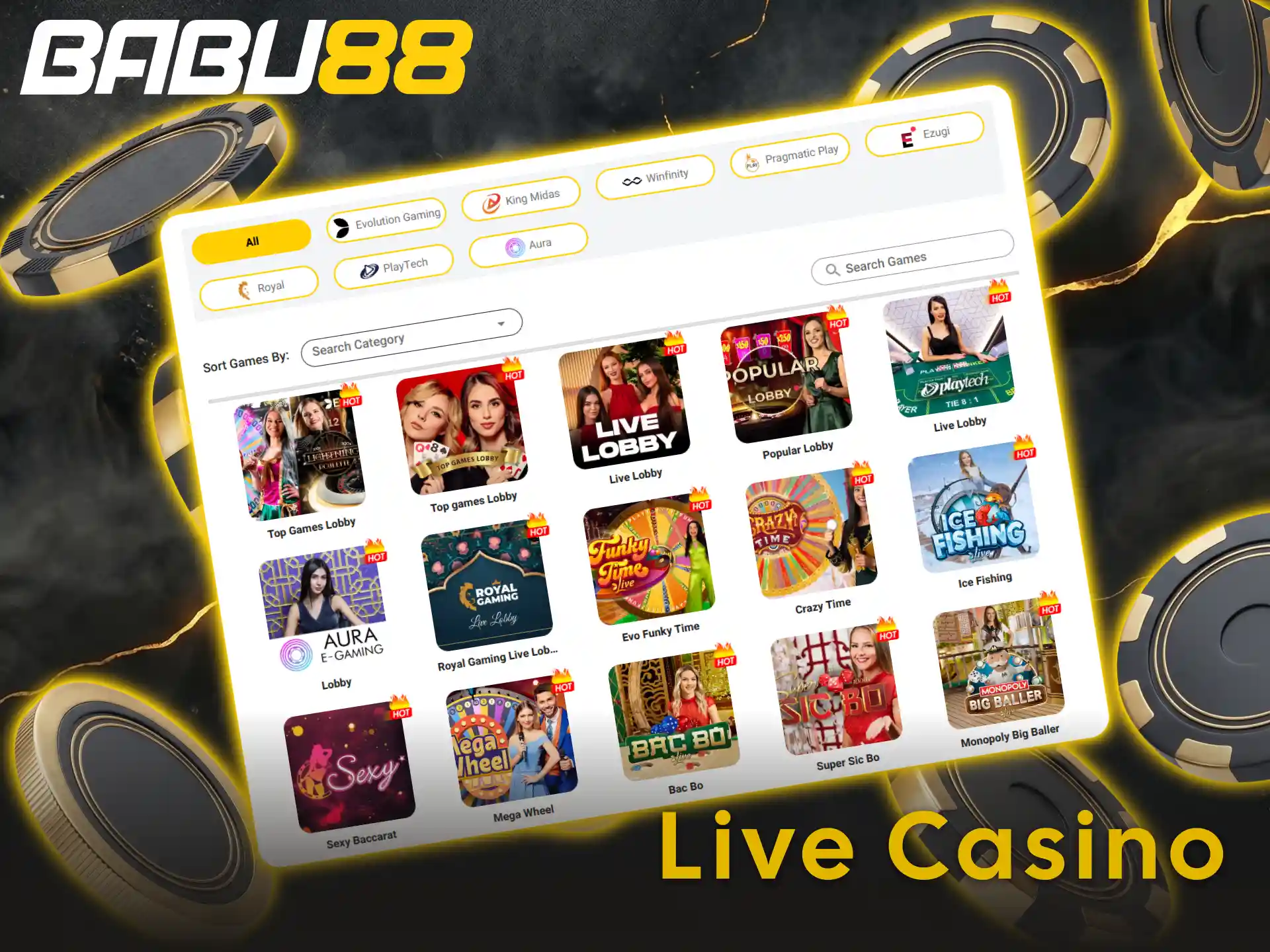 Play with real dealers in Babu88 live casino and win.