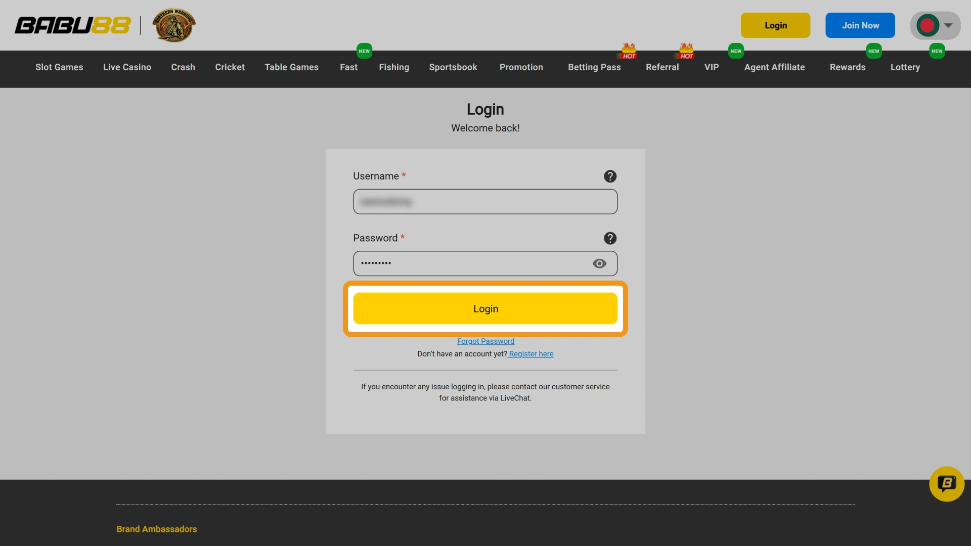 Click the final login button to open your main Babu88 account dashboard.