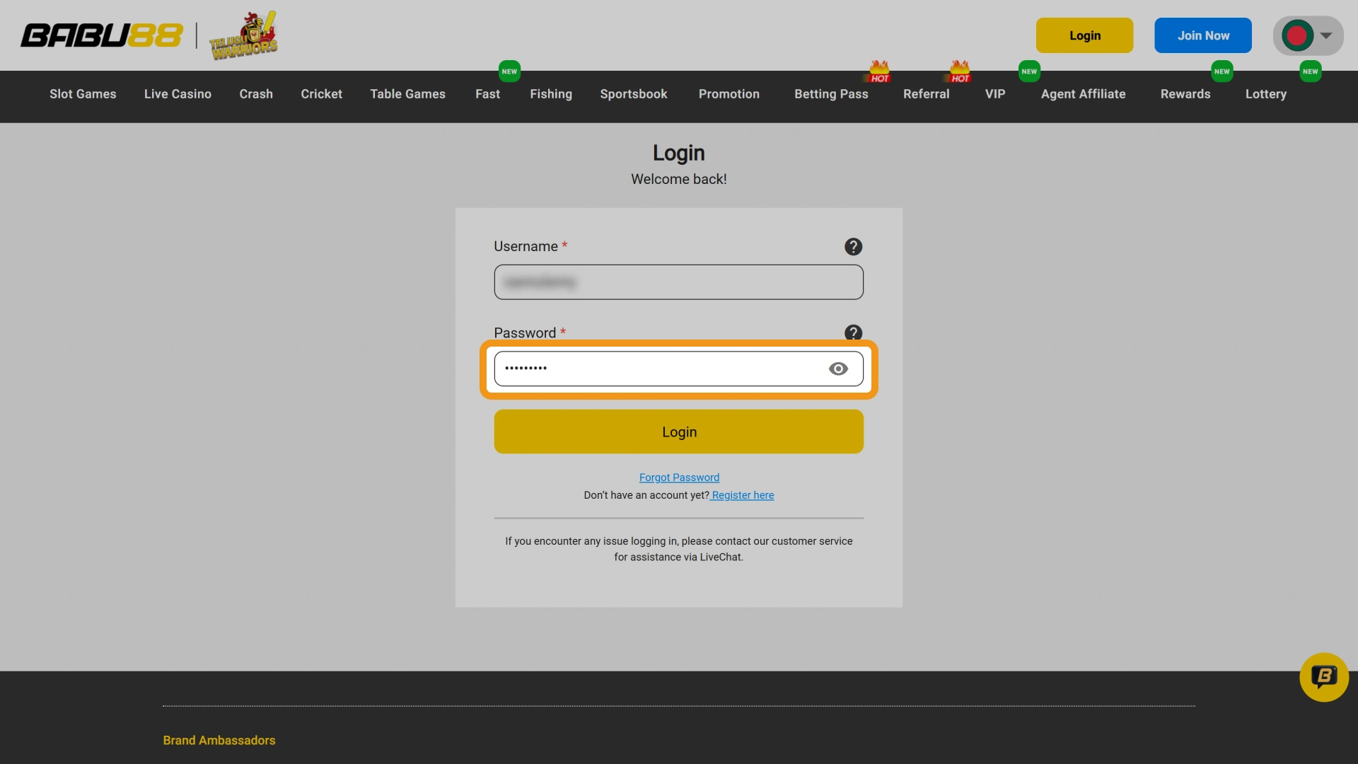 Type your secure personal password into the login field on the Babu88 platform.